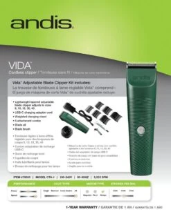 Andis Vida Adjustable Blade Clippers -Pet Care Shop ad8579 43 package back
